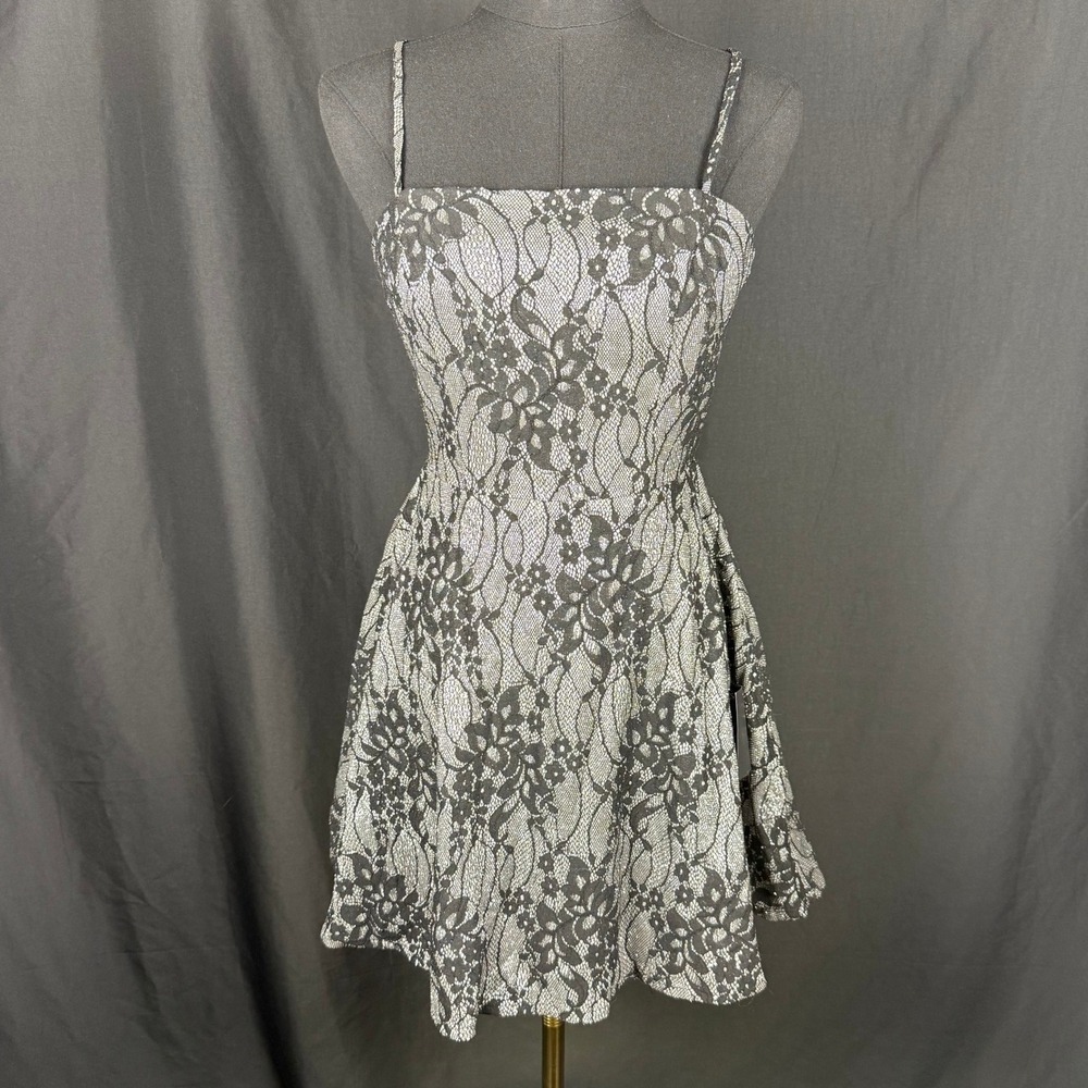 NWT Lulus Sparkle Sensation Silver Black Lace Skater MiniDress S Homecoming HOCO